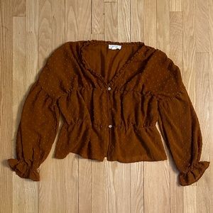 Peach Love Burnt Orange Swiss Dot Peplum Long-Sleeved Blouse, Size Small